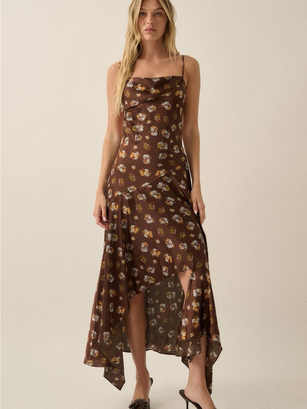 Floral Satin Asymmetrical Cowl-Neck Open-Back Maxi Dress | Promesa - Picture 3 of 6